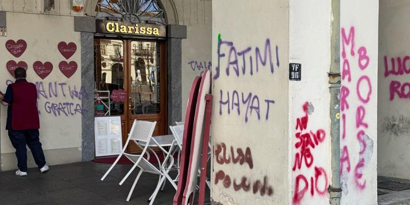 Piazza Vittorio a Torino imbrattata: commercianti chiedono pulizia dopo protesta di “Non Una di Meno”