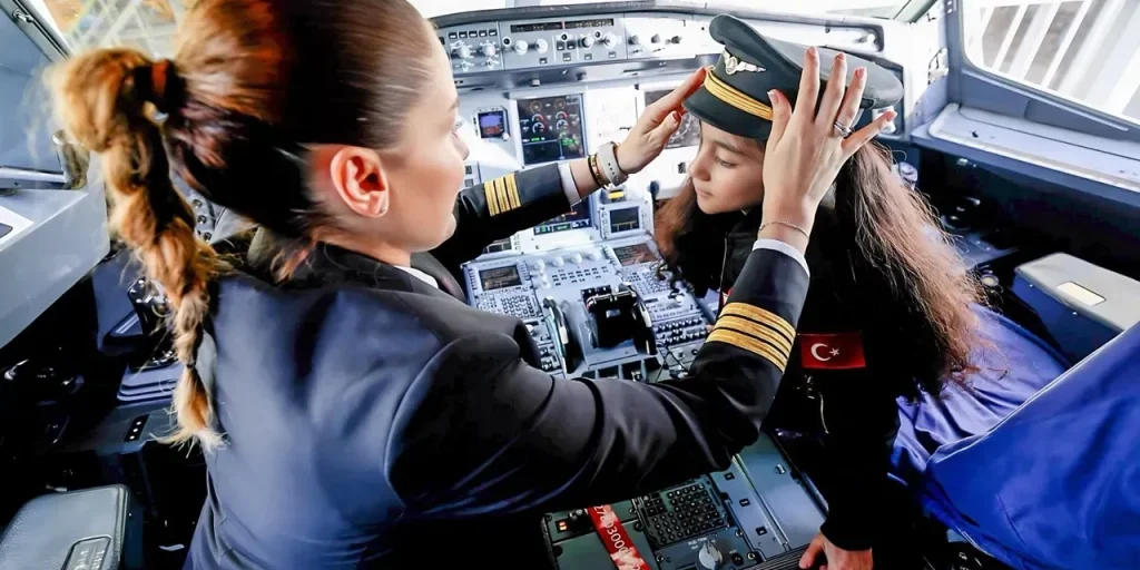 Ece Naz, figlia di 10 anni di Zahide Güçlü Ekici, si siede nella cabina di pilotaggio grazie a Turkish Airlines