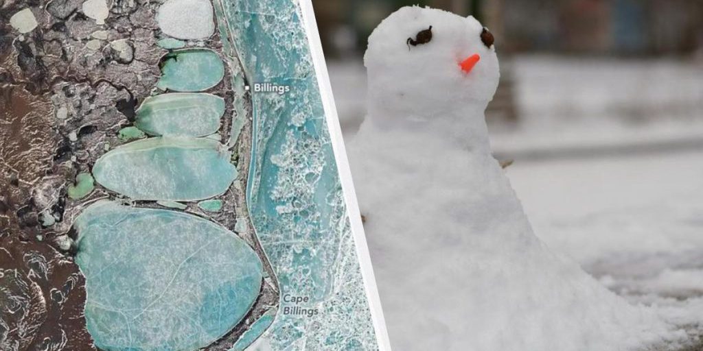 NASA mostra una catena di laghi ghiacciati in Siberia che assomiglia a un pupazzo di neve