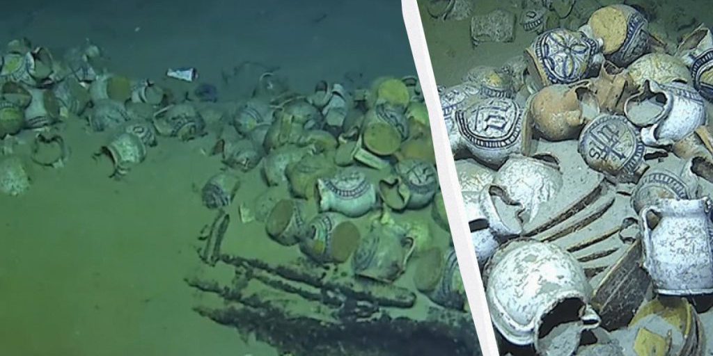 Relitto di nave commerciale con carico intatto scoperto sul fondo del Mar Mediterraneo