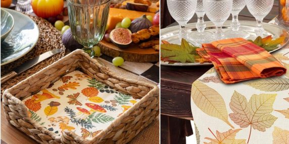 La tavola autunnale: tovaglie, piatti, bicchieri, posate e tovaglioli a tema