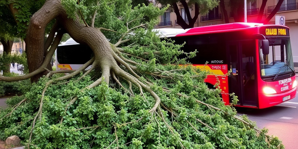 Albero cade dalla recinzione di un giardino privato e colpisce autobus Atac a Roma