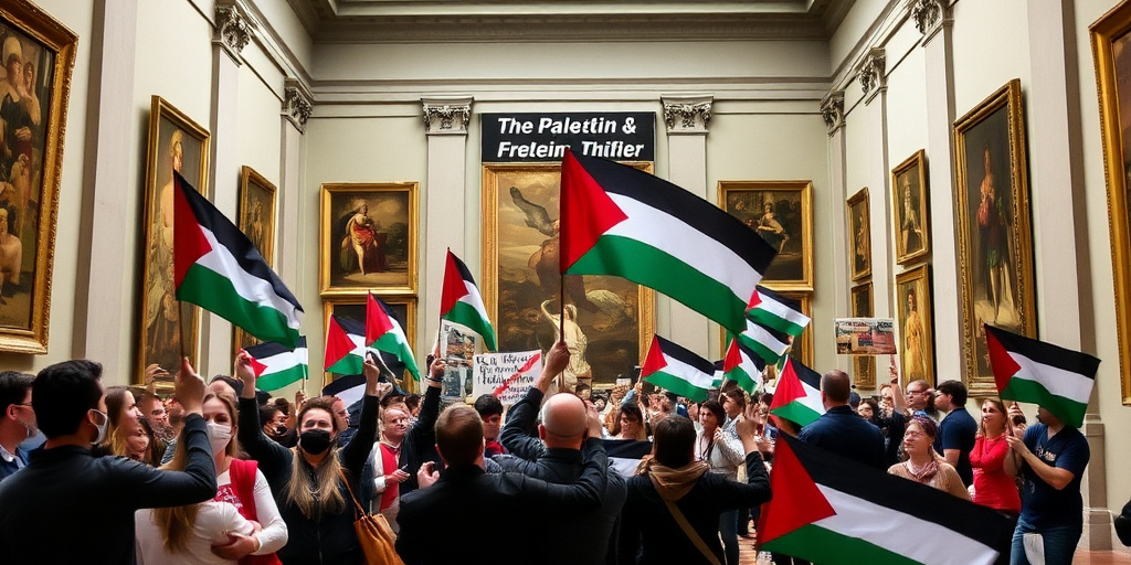 Flashmob pro-Palestina negli Uffizi: manifestanti esposti striscioni contro Israele