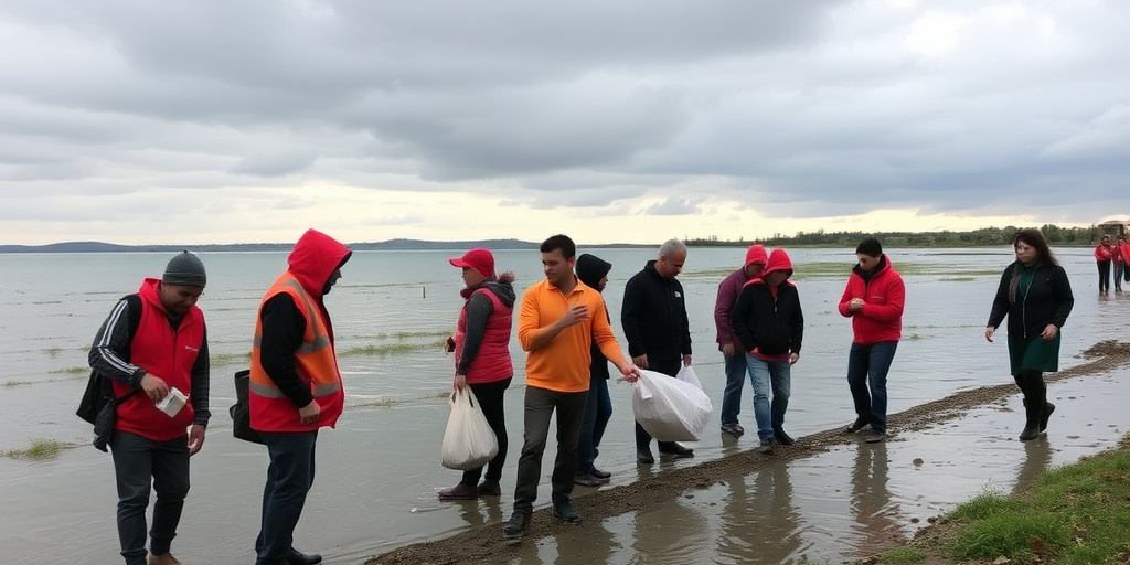 Giovani volontari puliscono i residui del ciclone nello Jonio