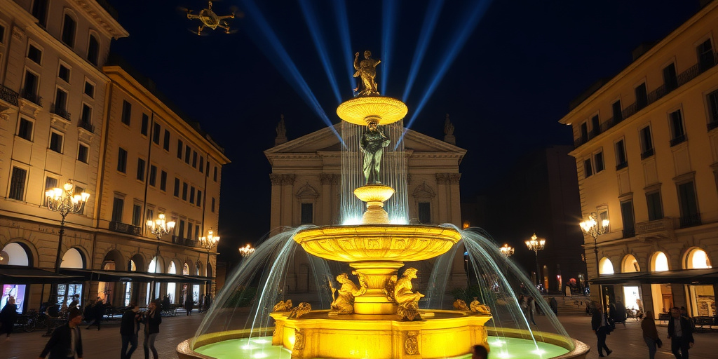 Inaugurazione di L'Aquila 2026: droni illuminano la Fontana Luminosa e si svolge una parata a Piazza Duomo