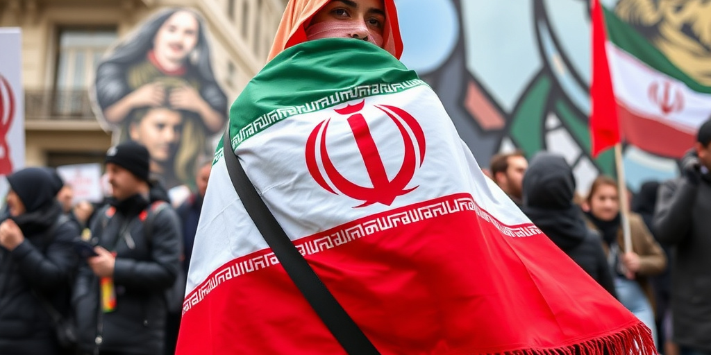 Manifestante trasforma sciarpa in bandiera iraniana con “Enghelab”, chiedendo un Iran libero da Ayatollah, Shah e Trump