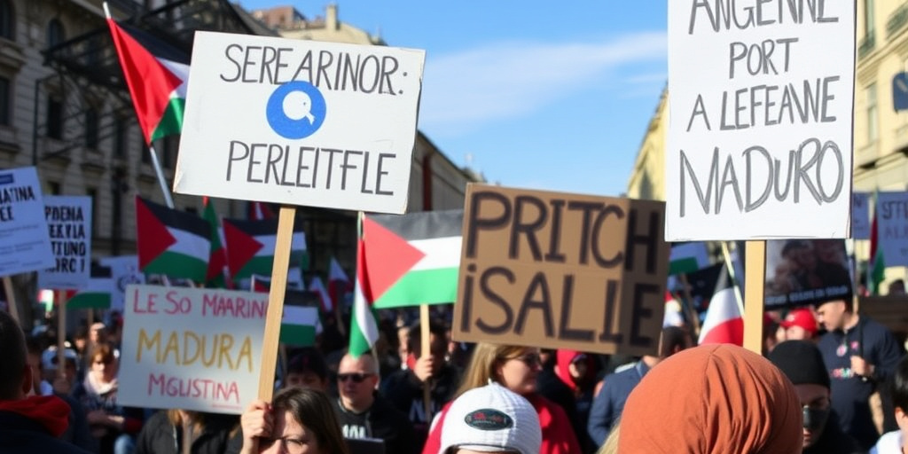 Manifestazione a Torino con cartelli contro Israele, a favore della Palestina e in difesa di Maduro