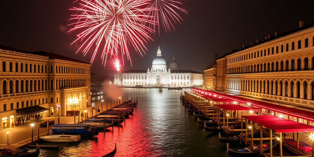 San Marco illumina il Capodanno con fuochi d’artificio sulle rive del Canal Grande.