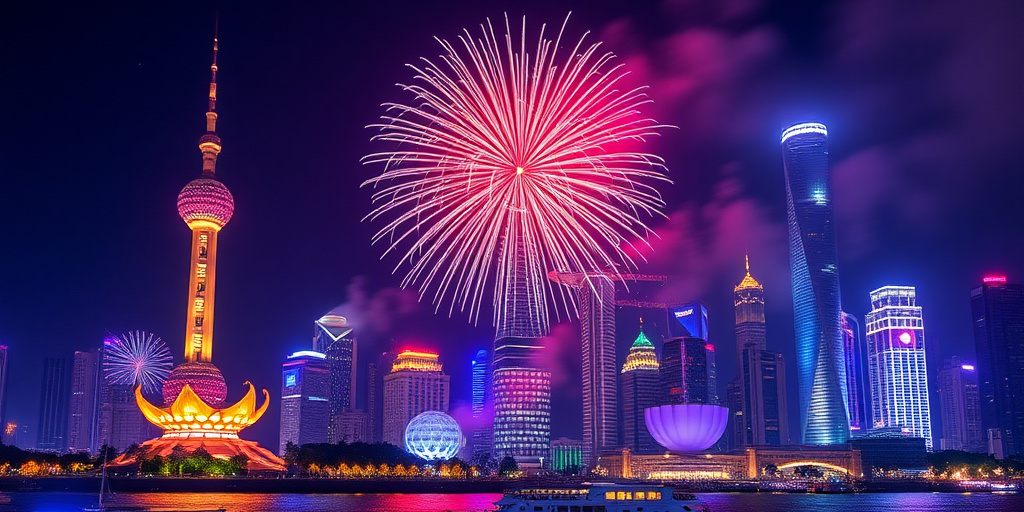 Shanghai celebra Capodanno con fuochi d'artificio al Parco Turistico Internazionale per Crociere