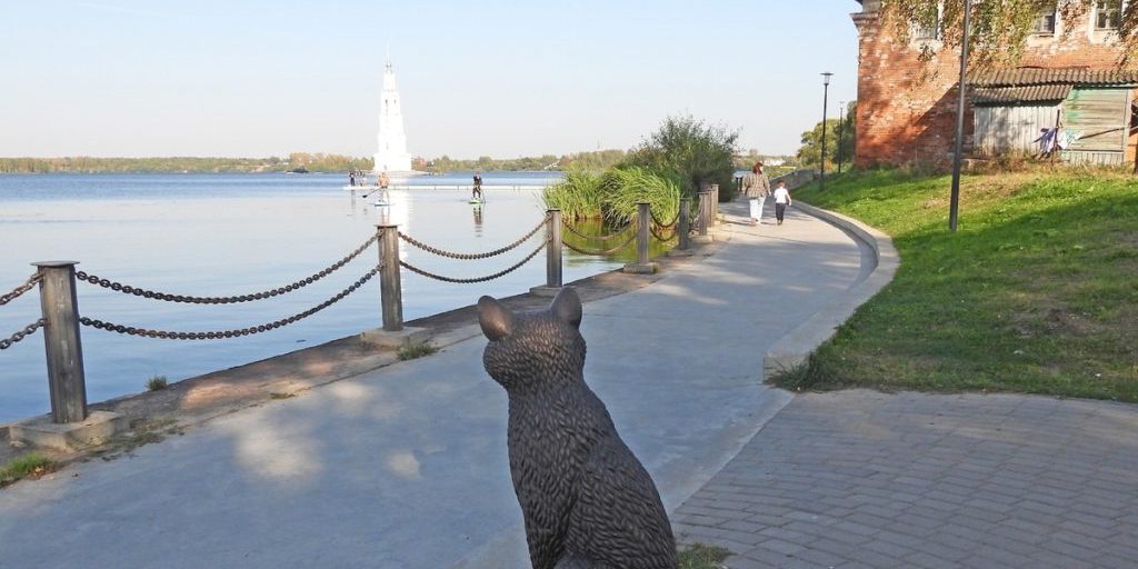 Un gatto di pietra sulla riva del Volga: un'opera d'arte che ispira riflessione e contemplazione nella città di Kałyazin