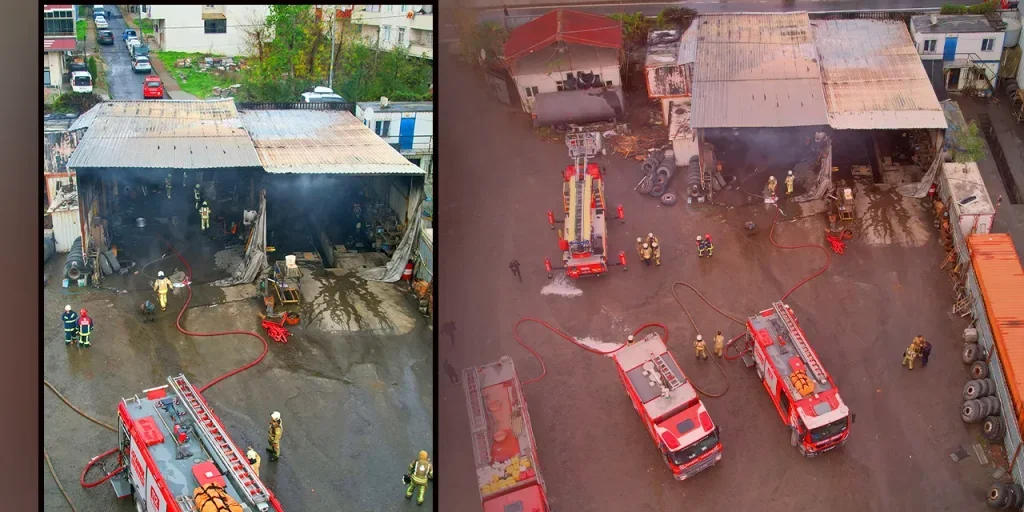 Incendio in negozio di riparazioni a Arnavutköy, Istanbul: vigili del fuoco controllano le fiamme senza feriti