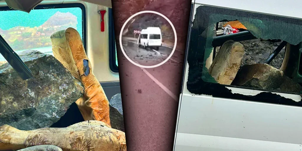 Roccia gigante cade dalla collina di Artvin, colpisce minibus in marcia