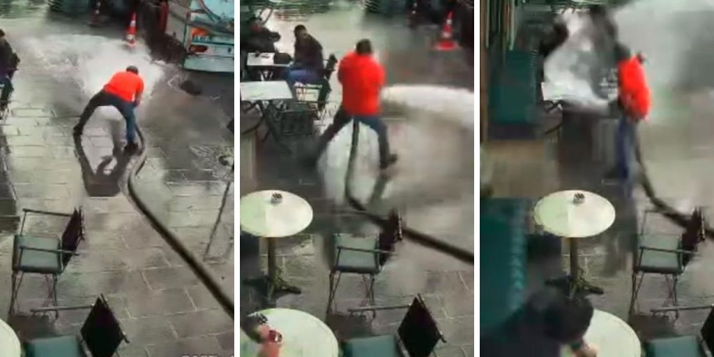 Bayrampaşa'da güldüren anlar! Hortumun kontrolünü kaybetti, müşterilerini suladı