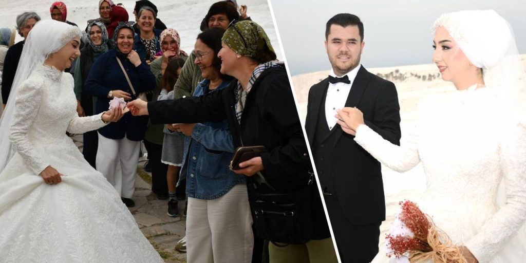 Bir daha gelinlik giymek isteyen eşini kırmadı! Turistler yeni evli sanıp, takı kuyruğu oluşturdu