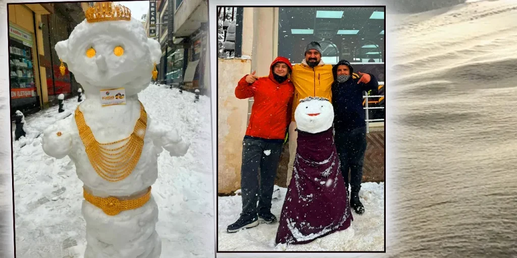 Negozionisti di Gaziantep attirano clienti con spose e uomini di neve decorati