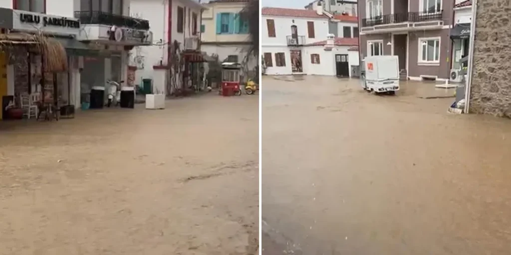Pioggia intensa trasforma le strade di Bozcaada in lago temporaneo