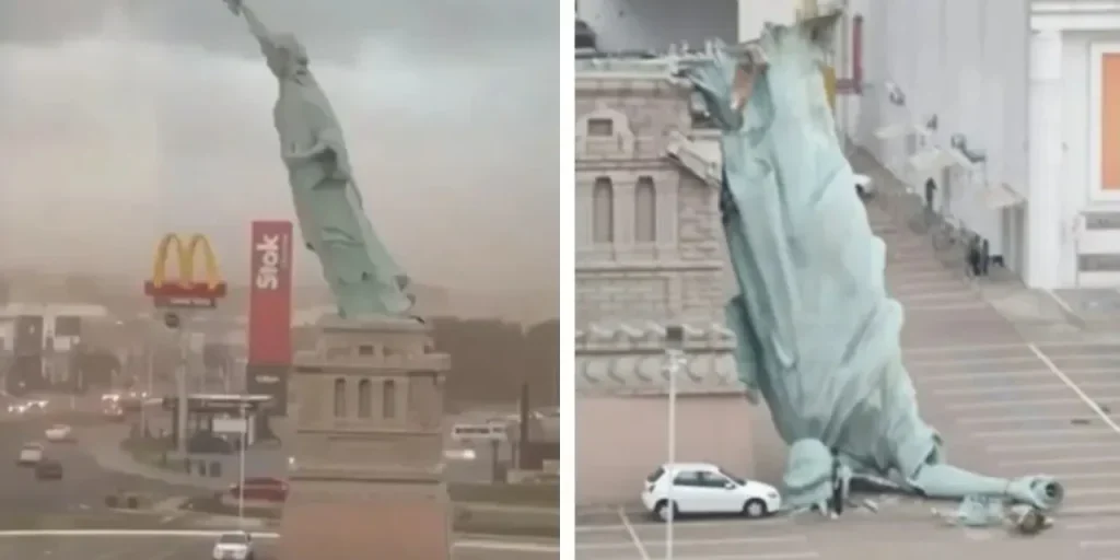 Replica della Statua della Libertà a Porto Alegre cade a causa di forti venti