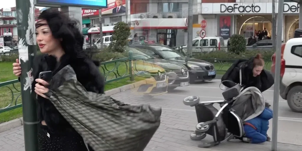 Lodos a Bursa: vento forte ribalta passeggino nel centro città