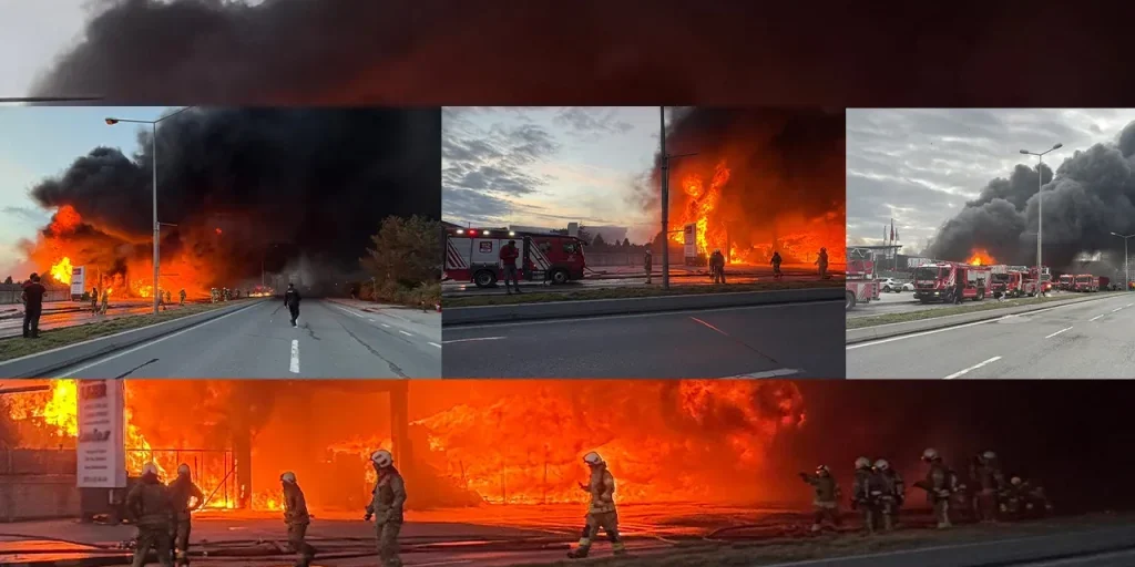 Incendio in magazzino agricolo a Büyükçekmece: vigili del fuoco spengono il fuoco