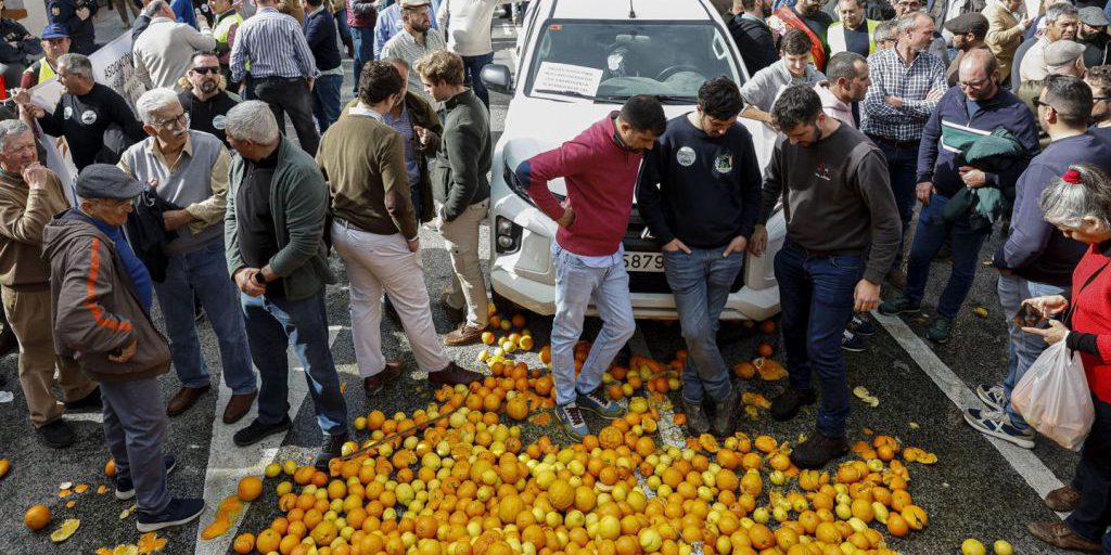 epa12690358 Spanish farmers throw oranges and lemons as they protest against EU-Mercosur agreement and the new Common Agricultural Policy in the city of Malaga, southern Spain, 29 January 2026.  EPA/JORGE ZAPATA
