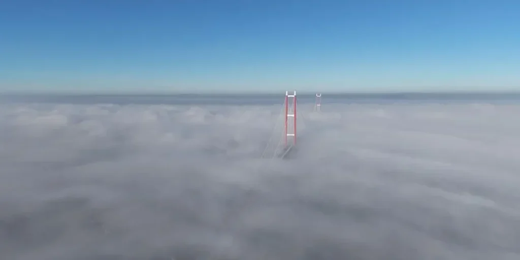 Nebbia avvolge il ponte di Çanakkale, riducendo la visibilità