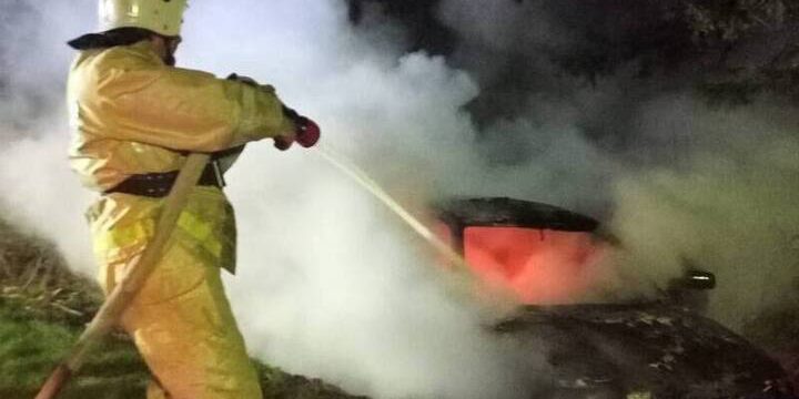 На дороге в Тверской области пожарные тушили горящий автомобиль