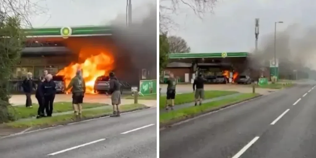 Incendio in stazione di benzina inglese causato da ascia: due pompe in fiamme e arresto dell’autore