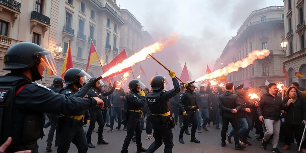Turin: manifestanti coperti lancianti bottiglie contro la polizia durante corteo per Askatasuna