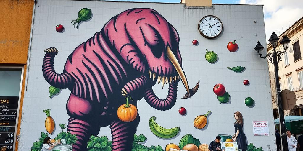 Murale anti-smog Gesti che nutrono di Octoflyart sul Mercato Ostiense celebra il cibo