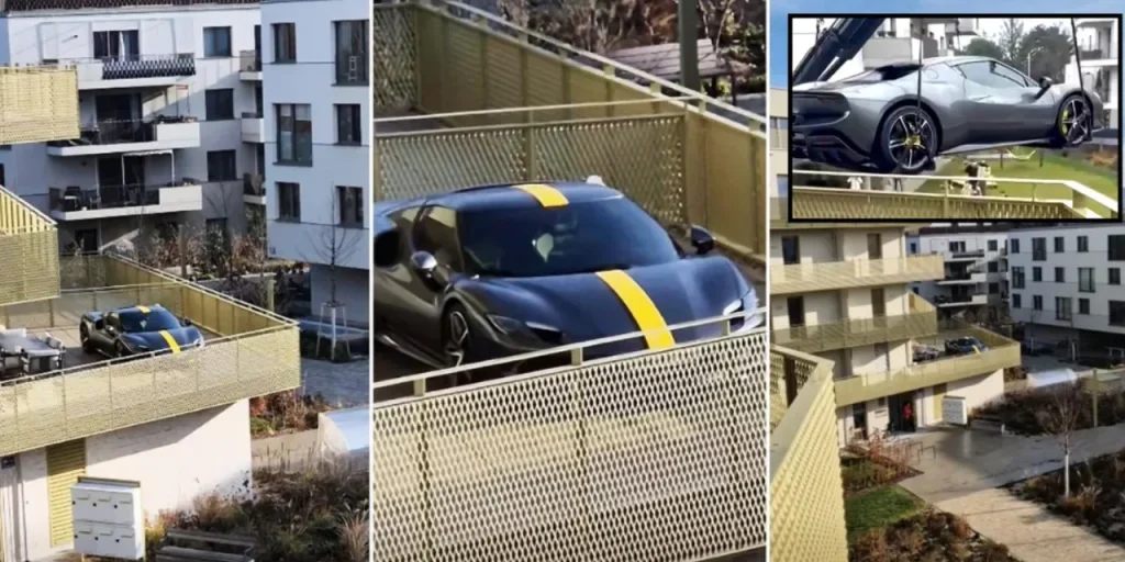 Ferrari parcheggiata sul balcone di un edificio: rischio per la sicurezza