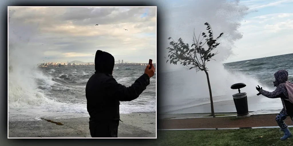 Gente che scatta foto durante la tempesta a Sarayburnu, Istanbul