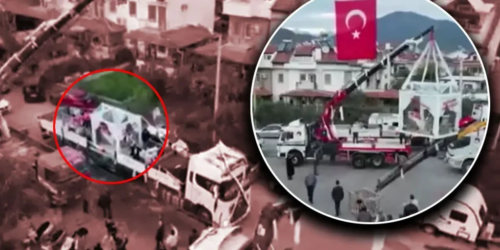 Matrimonio in Fethiye: sposi in vetrina di vetro e trasportati con ponteggi