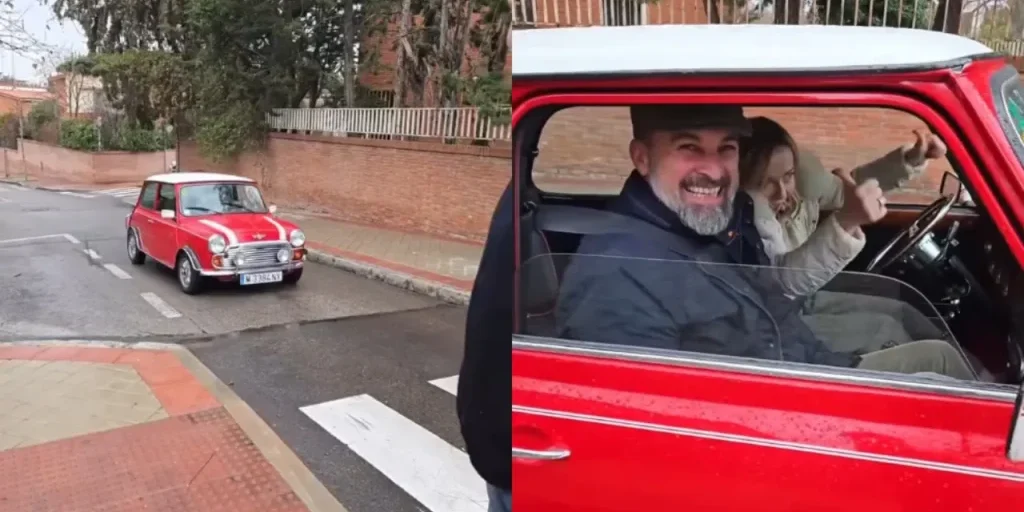 Giorgia Meloni guida una Mini rossa a Madrid, senza convoi di lusso