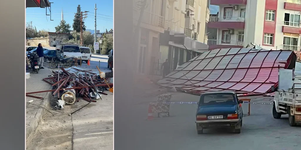 Tempesta a Mersin: tetto cade sulla strada, nessun ferito
