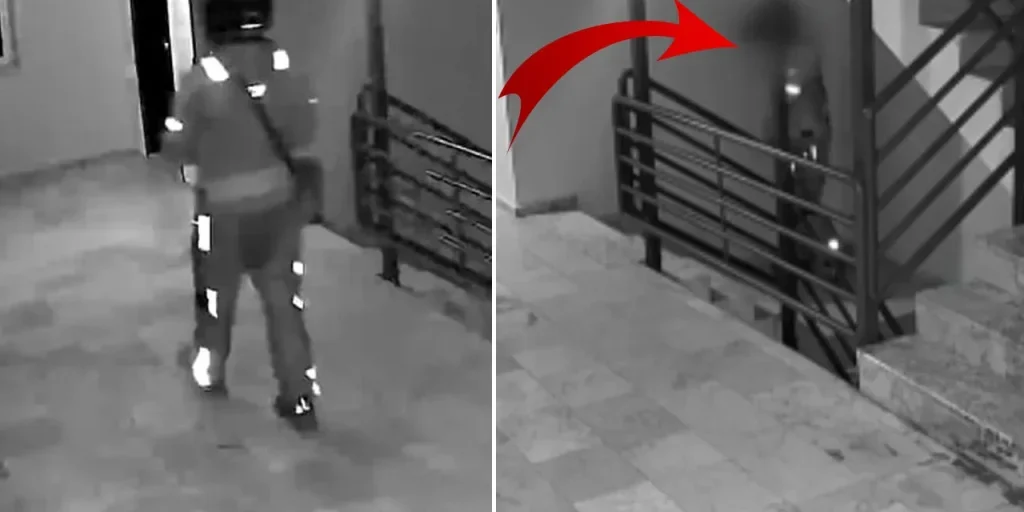 Corriere in Sincan utilizza le scale di un edificio per fare la toilette, registrato dalla telecamera di sicurezza
