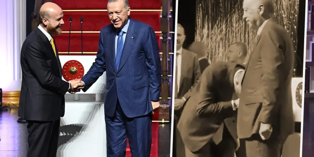 Bilal Erdoğan saluta il padre con un gesto di affetto alla cerimonia dei premi Ilim Yayma