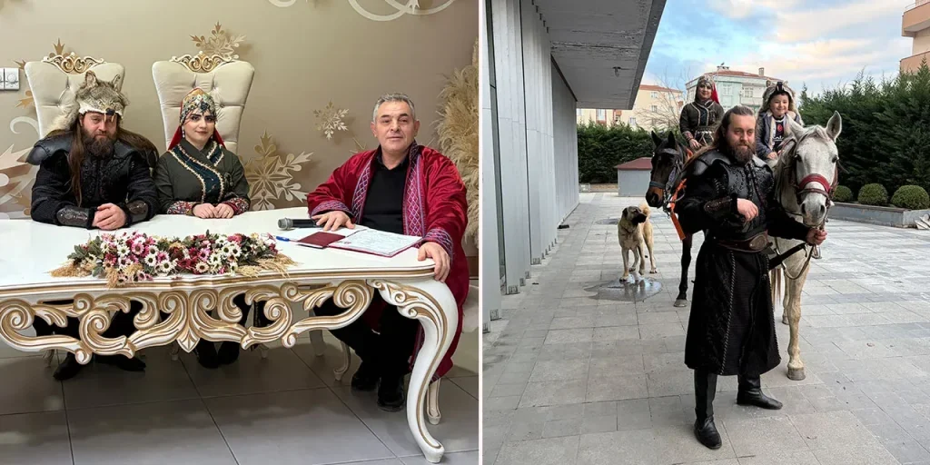 Matrimonio di Melikşah Alp e İlknur Bakay a Kapaklı con cavalli e costumi da film
