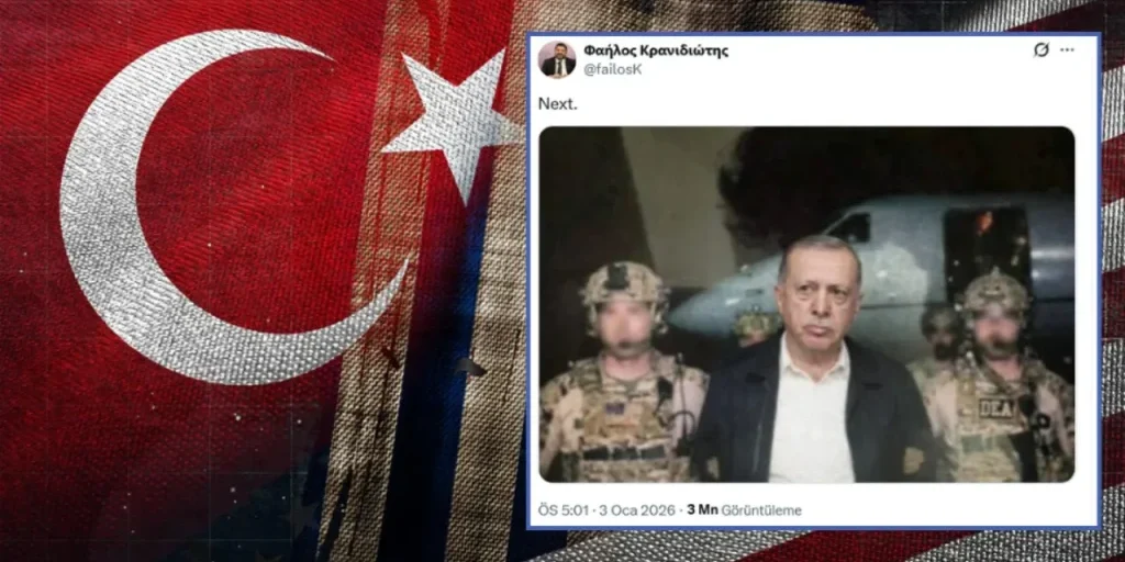 Politico greco diffonde immagine AI di Erdoğan come catturato dalle forze statunitensi, in riferimento a Maduro